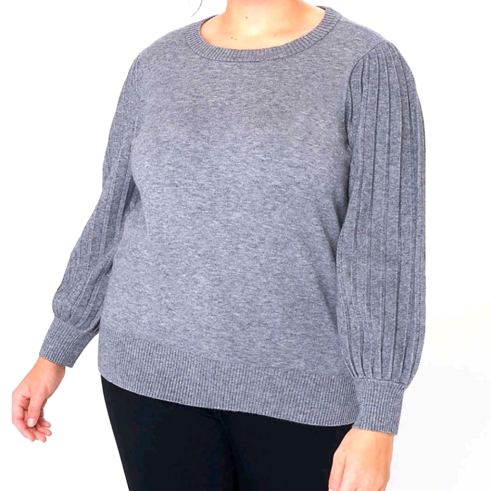 LOFT plus puff pleated sleeves round neck sweater, 16/18, gray